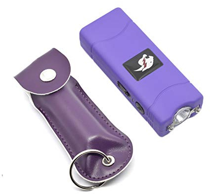 Mini Stun Gun Pepper Spray Combo for Self Defense - Extremely Powerful Stun Gun with Flashlight 1/2 Ounce Police Grade Max Strength 10% Pepper Stream w/Pouch (Purple)
