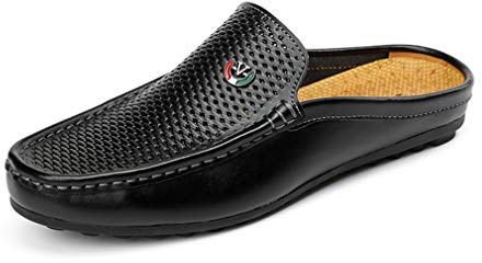 Men's Classic Handsewn Genuine Leather House Slippers Office Slippers Casual Black Size 8 005-Hei-US8-41