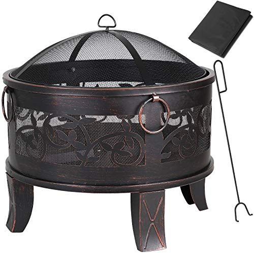 GARDEBRUK® Garden Patio Fire Pit | Diameter 67 cm | Rustic Outdoor Modern Steel Fire Basket Log Burner | Spark Protection Mesh Grill Guard, Poker, Storage Cover | Black Bronze