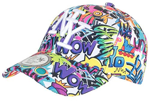 Hip Hop Honour Cappello NY Bianco e Viola con Stampa Pop Art Cartoni Animati Baseball Wow Boom - Taglia Unica - Bianco
