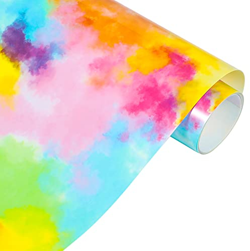 VINYL FROG Rainbow HTV Tie-Dye Wärmetransfer-Vinyl, 25 cm x 1,55 m, Rolle für Selbstgemachte T-Shirts, Stoff und Kleidungsstücke, Blau-Gelbes Aquarell-Wolken, Gemustertes Vinyl