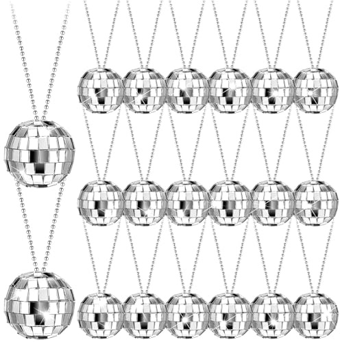 Sureio 20 collane a forma di palla da discoteca a specchio, in argento, ornamenti anni '70, mini discoteca, feste, balli anni '70, accessori decorativi per gioielli, accessori per la danza (4 cm)