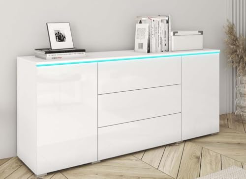 DecoInParis Buffet Commode 2 Portes 3 tiroirs Blanc avec LED - Alexia