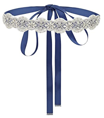 IYOU Cinturón de novia para mujer Cinturones de Boda Perlas Cinturón de Cristal brillante con cinta azul marino para novias y damas de honor