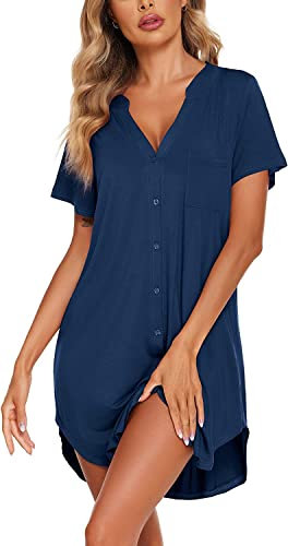Rayson Chemise de Nuit Femme Nuisette Col V Manches Manches Courtes Bouton vers Bas Robe Nuit Ouvert Devant Soirée Lâche Couleur Solide Chemise de Nuit Longue(Bleu,XL)