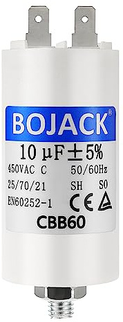 BOJACK CBB60 motorkondensator 10uF 450 V startkondensator 35 x 68 mm kondensator 10 µF 450 volt M8-kontakt, lämplig för elmotorer och poolpumpar, 50/60 Hz