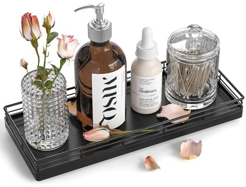Bathroom Tray for Counter, Oak Wood 11 L Small Vanity Tray for Dresser Tops Perfume Jewelry Makeup Candle Soap Sponge Holder for Kitchen Countertop Organizer Coffee Table Decor Bar Black