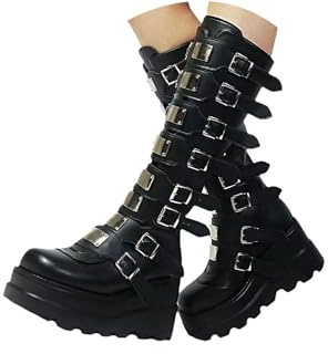tinbarry Bottes Femme D'hiver Hautes Gothiques Punk à Plateforme Bottes Compensées en Cuir PU Bottines Vintage de Combat à Talons Blocs Boots à Fermeture éclair