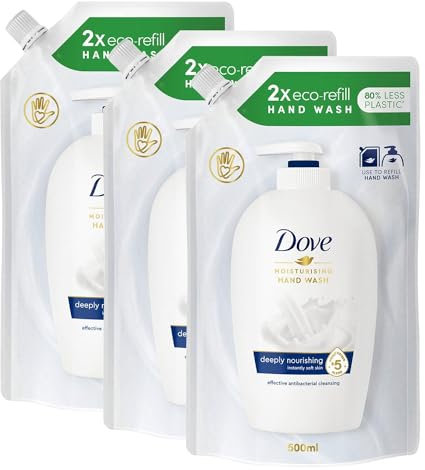 Dove Moisturising Eco-Refill for Liquid Hand Wash Effective Antibac Cleansing for 24H Nourishment and Instantly Soft Skin 500ml, 3 Pack