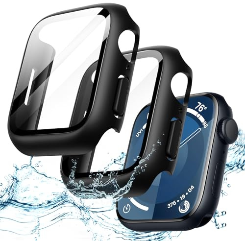 JETech Wasserdichte Hülle mit Schutzfolie für Apple Watch Series 9 8 7 41mm, Eingebautes Gehärtetes Glas Displayschutz Hart PC Stoßstange Vollständig Schutzhülle, 2 Stück (Schwarz)
