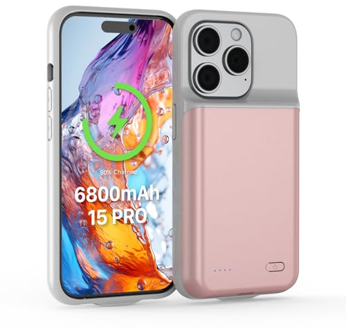 TQTHL Akkuhülle für iPhone 15 pro, [ 6800mAh ] Zusatzakku Ladehülle Akku hülle Handyhülle,wiederaufladbare Powerbank Akku Hülle kompatibel für iPhone 15 pro (6.1 Zoll) (rosa)