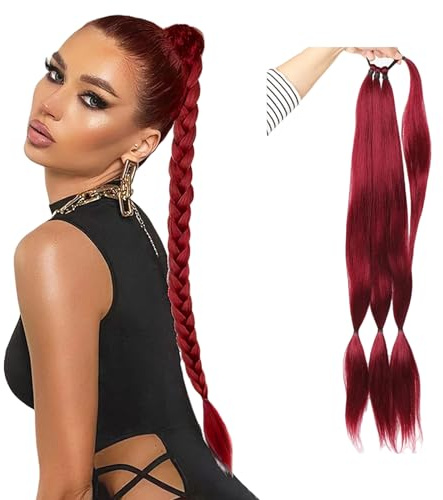 Extensions de cheveux longs tressés pour queue de cheval - 81,3 cm de long - Postiche à enrouler autour de la queue de cheval - Postiche avec cordon de serrage - Pour femmes et filles - Bordeaux