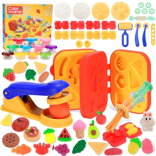 Crelloci Play Color Dough Tools Set, Deluxe 41PCS Kitchen Creations Accessories Kit, with 12 Cans Dough, Stamper Cookbook Food Mold Roller Cutter Extruder, Gift for Kids Boys Girls Ages 3+