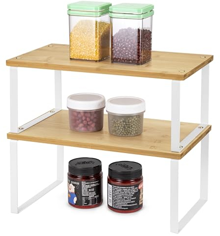 QIWODE Estante organizador expandible para gabinete, juego de 2 estantes de almacenamiento apilables para encimera de cocina, estante de despensa, estante de especias, metal y bambú