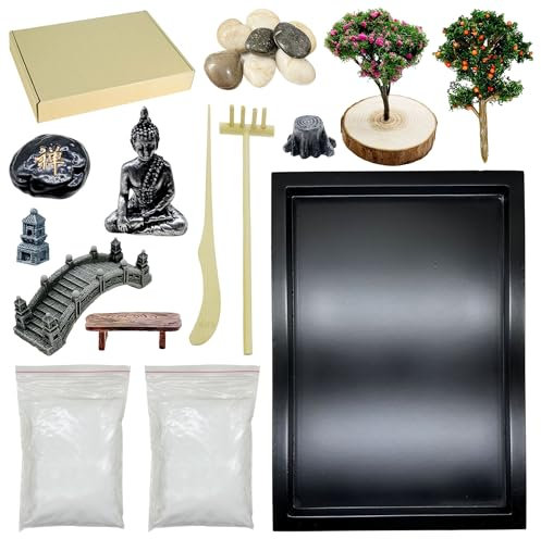 Attuslla Mini Zen Sand Garden Kit - Zen Decor Kit with White Sand, Rocks, Mini Chairs, Towers, Bridges, Model Trees for Home Office Desktop Decor