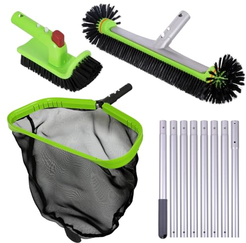 Sepetrel Deluxe Swimming Pool Cleaning Kit with 10.5 Aluminum Pole, Professional Pool Maintenance Set with Leaf Skimmer Net, 17.5 Pool Brush Head & Hand Scrub Brush for Inground & Above Ground Pools