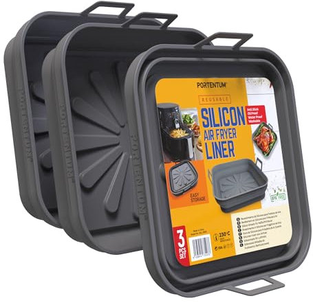 PORTENTUM Teglia per Friggitrice ad Aria 22,5 cm – Compatibile da 4,7 a 8 litri – Set da 3 Contenitori in Silicone Pieghevoli Riutilizzabili – BPA Free – Accessori Friggitrice ad Aria