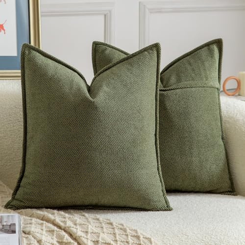 Madizz Juego de 2 Suave Chenilla Decorativo Funda de cojíns con Borde Neutras Fundas de Almohada Boho para Sofá Dormitorio Salón Verde Musgo Cuadrado 50 x 50 cm