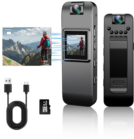 Mini Body Camera, HD 1080P Wearable Body Cam, Small Pocket Camera with 32GB SD Card, Night Vision, 1.3-inch Display, 180° Rotating Lens, Portable Video Recorder for Law Enforcement Sports Delivery