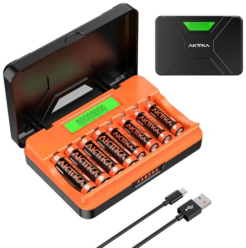 AKTTKA Caricabatterie 8 Slot – 4x AA 2400mAh & 4x AAA 1100mAh Ni-MH Ricaricabili, Ricarica Rapida con Cavo Type-C per Giocattoli, Auto Radiocomandate e Dispositivi Elettronici