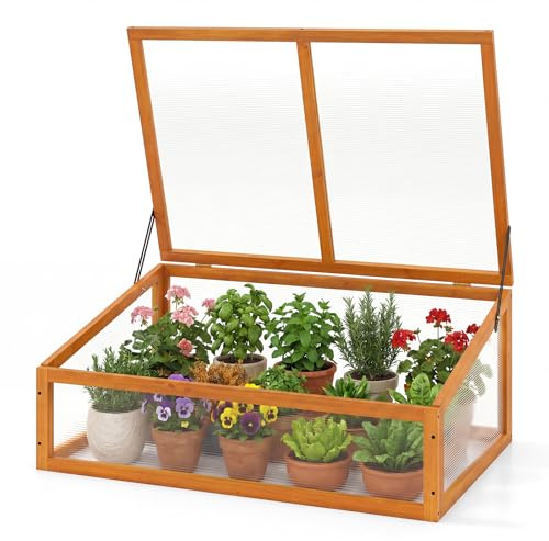 GYMAX Invernadero de Madera de Jardín, 94 x 63 x 40 cm, Jardinera de Clutivo de Plantas con Paneles Transparentes, Tapa Abatible, Protección Invernal Interior Exterior para Balcón Terraza (Naranja)