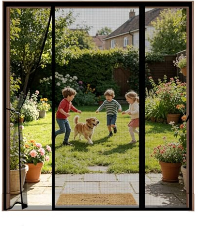 Mosquitera Puerta Magnética con 3 Paneles y Ganchos, Cortina de Cierre Automático para Terraza, Balcón y Corredera, Cinta Superior de 4cm, Sin Taladro,155x200cm,Negro