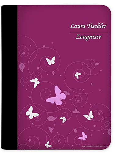 CreaDesign Customize A4 Zeugnismappe für Kinder - 26.7 x 32.7 x 1 cm, erweiterbar auf bis zu 20 Fächer, Sichtbuch ohne Klarsichthüllen, Schmetterling Brombeere Grau Design, Dokumentenmappe für Schüler