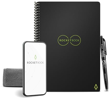 Rocketbook Reusable Digital Notebook - Smart Notepad A5 Black - Spiral Note Book To Do List Pad, Lined Paper with Frixion Erasable Pen and Wipe, Office Gadget with Rocketbook App, Reduce Paper Waste