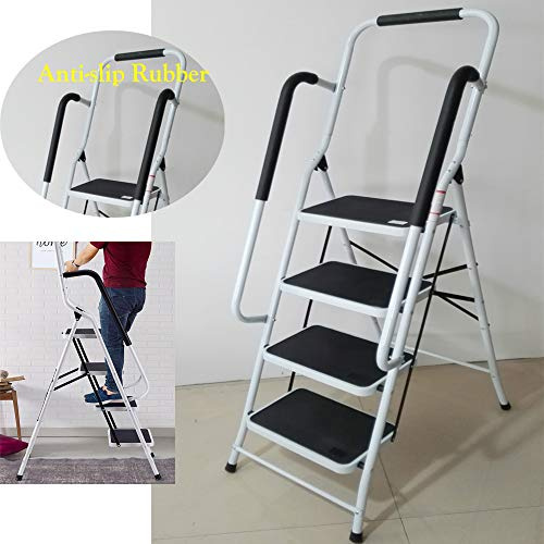 Escabeau 4 Marches avec Main Courante de Sécurité - Largeur Pliante - Antidérapant Mat - Robuste - Charge Maximale de 150 kg