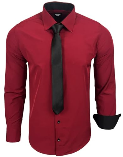 Subliminal Mode - Camisa para hombre de manga larga con cuello bicolor liso + Corbata negra, camisa de corte ajustado para negocios, fácil de planchar RN77, granate, L