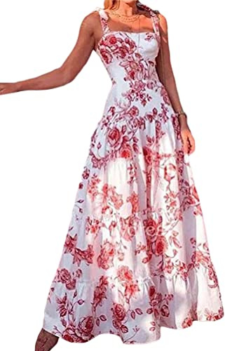 Minetom Femme Imprimé Floral Robes Longues sans Manches Robe Longue Boho Casual Maxi Robe de Plage Soirée C Rouge M