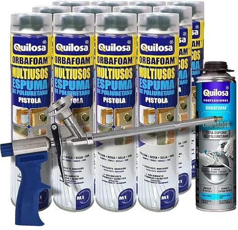 Orbafoam Quilosa schiuma poliuretanica espansiva 12 flaconi da 700 ml + 1 detergente Quilosa + 1 pistola