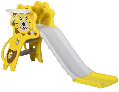 AIYAPLAY Scivolo per Bimbi 18-36 Mesi con Canestro da Basket Laterale, Scivolo in Plastica, 131x50x74 cm, Giallo e Grigio