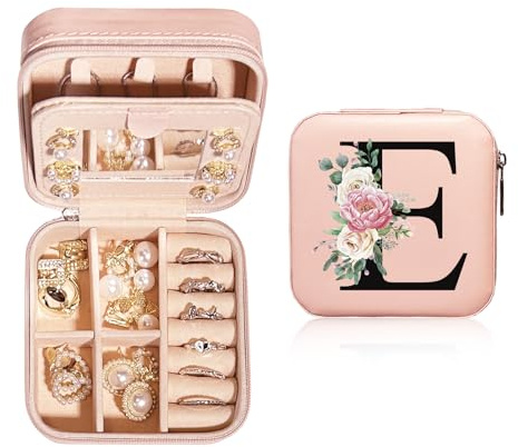 JEKUGOT Personalized Jewelry Box Small - Travel Jewelry Case with Mirror, Travel Jewelry Organizer Storage Trinket Box, Birthday Gift for Women, Mothers, and Friends（E）