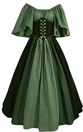 LOIJMK Medeltida kläder kvinnor – kostym klänningar vintage aftonklänning maxiklänning lång steampunk court festival prestanda kläder cosplay maskerad karnevalsklänning festklänning, Grön, XL