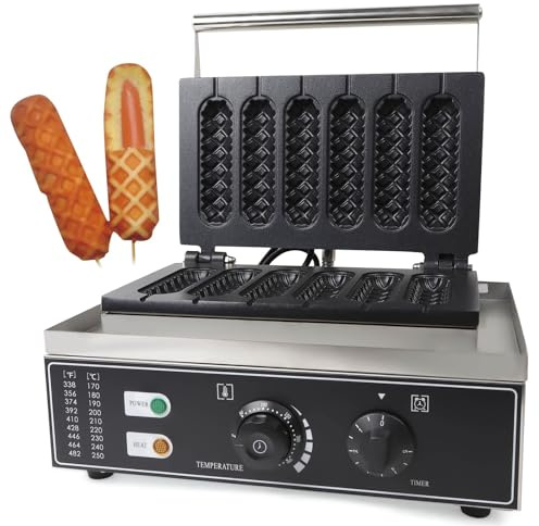 Hot Dog Maker Macchina 1500 W 6 Stick Piastra per waffle Hot Dog Corpo in Acciaio Inox Antiaderente Piastra per waffle Professionale Corn Dog Waffle Automatico Antiaderente Rivestimento