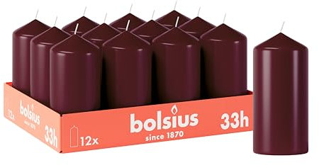 Bolsius Candele a colonna lisce – Bordeaux – Confezione da 12 – 12 x 6 cm – Candele decorative per la casa – Durata di combustione 33 ore – non profumate – Contiene cera vegetale naturale – Senza olio