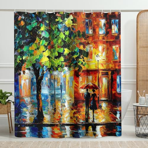 Cortina de ducha colorida con diseño de paraguas, estilo vibrante de pintura al óleo para decoración de baño, temporada lluviosa, moderna, impermeable, juego de cortina de ducha con ganchos, 62 x 72