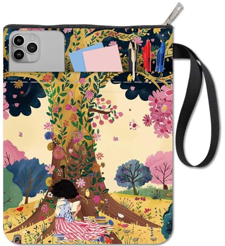 CRASPIRE Pochette de Livre Couvertures de Livre avec Fermeture à Glissière et Pochette Supplémentaire Tissu Femme Rêve Arbre Fleur Rectangulaire Protecteur Lavable Pochette D'Emballage Sac pour Livres