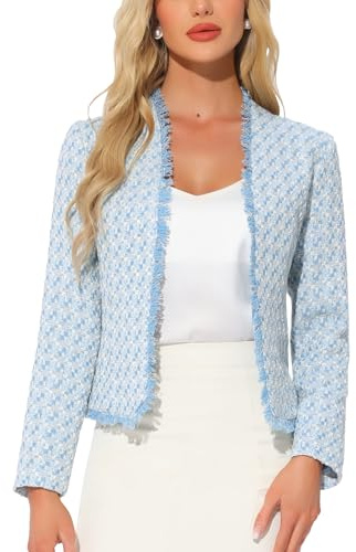 Allegra K Blazer Scozzese in Tweed Donna a Maniche Lunghe Aperta sul Davanti Giacca da Ufficio da Lavoro Blu XS
