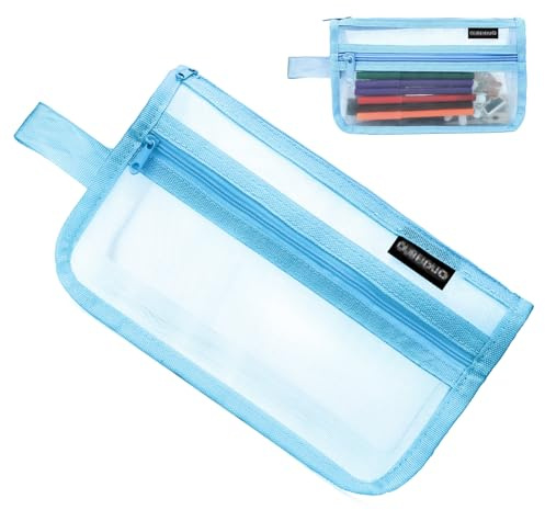Durchsichtiges Netz-Federmäppchen,Blau Gitternetz-Federmäppchen Mit Griff Und Reißverschluss,Etui Schule Groß Kapazität,Clear Exam Pencil Pouch,Transparente Schreibwaren-Make-up-Tasche Für Reisen,Büro