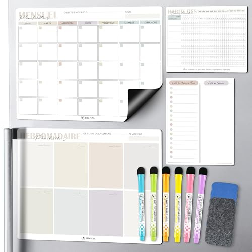 BIROYAL Calendrier Tableau Magnetique Frigo, 4 Set - Planning Frigo Magnetique Inclus: Planning Semaine, Planificateur Mensuel,Tableau Organisation de tâches et Suivi d’habitudes - Planner de famille