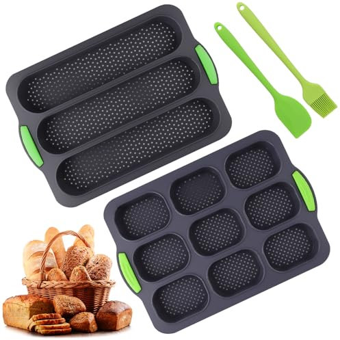LUCKNIGHT Brötchen Backform, Silikon Baguette Backform Antihaft Baguetteform Baguette Backblech Brotbackformen Baguetteblech Backen mit 3, 9 Steckplätzen Silikonspachtel und Ölpinsel, 2 Stück