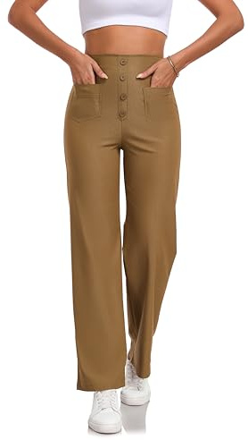 Enwokran Pantalon Décontracté à Jambe Droite pour Femme avec Boutons Multipoches Élastique Taille Haute Elastique Jambe Palazzo Extensible Pantalon pour Le Travail and Le Bureau (Kaki, XL)