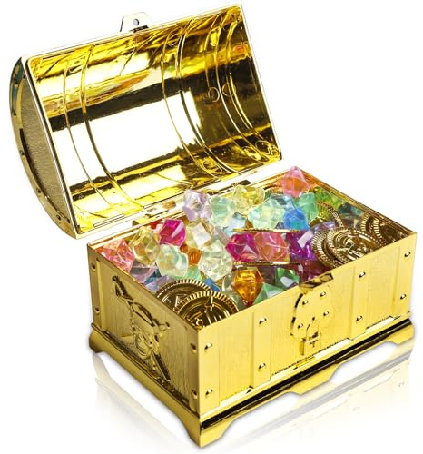 Coffre au trésor pour anniversaire d'enfant - Avec 20 pièces d'or pirate et 100 pierres précieuses - Verrouillable - Avec couvercle et serrure - Pour anniversaire d'enfant