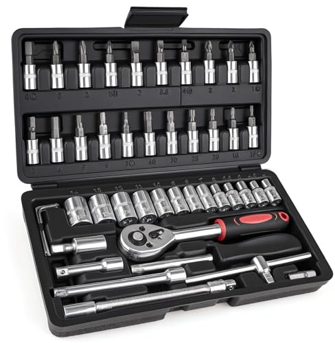 nkpyln 46PCS 1/4 Inches Ratchet Socket Wrench Set, Metric Socket Ratchet Wrenches Set, Ratcheting Wrench Tool Sets for Men, Premium Small Car Tool Kit for Automotive, Household Maintenance and Repairs