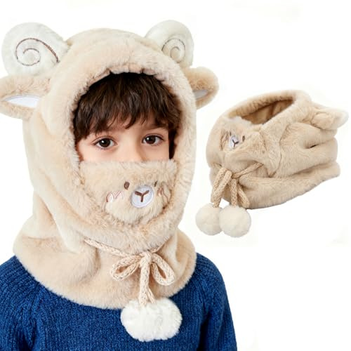 AYPOW Cagoule d'hiver Polaire Thermique pour Enfants 3-8 Ans,Multifonction Réglable Coupe-Vent Animal Bonnet Masque de Ski avec 3D Oreilles,Casquette Cache-Cou Tour de Cou pour Garçons Filles