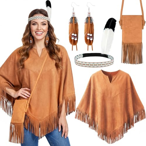 iZoeL 4 Pezzi Costume Nativi Americani Donna Giacca Stile Mantella dei Nativi Americani, Costume Carnevale/Halloween/Cosplay/Ballo in Maschera - Top et Fascia per Capelli Orecchini Borsa