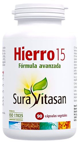 Sura Vitasan Hierro 15 Fórmula Avanzada 90 Cápsulas Vegetales - Bisglicinato Ferroso de Alta Absorción (Hierro Quelado) - Suave con el Estómago - Energía, Antifatiga y Sistema Inmune