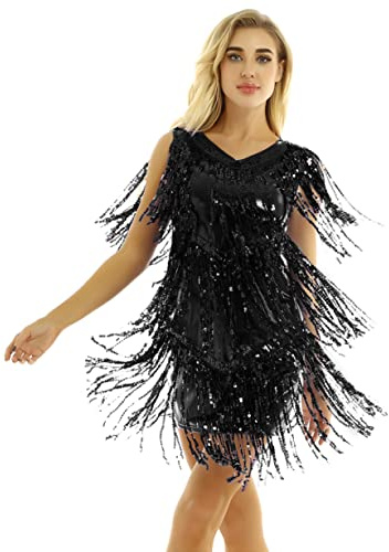 Freebily Abito Vintage Elegante Paillettes Tubino Cocktail Vestito da Sera Donna 1920S Anni 20 Charleston Flapper Dress Leotard Festa Aderente Corto Sexy Nero L